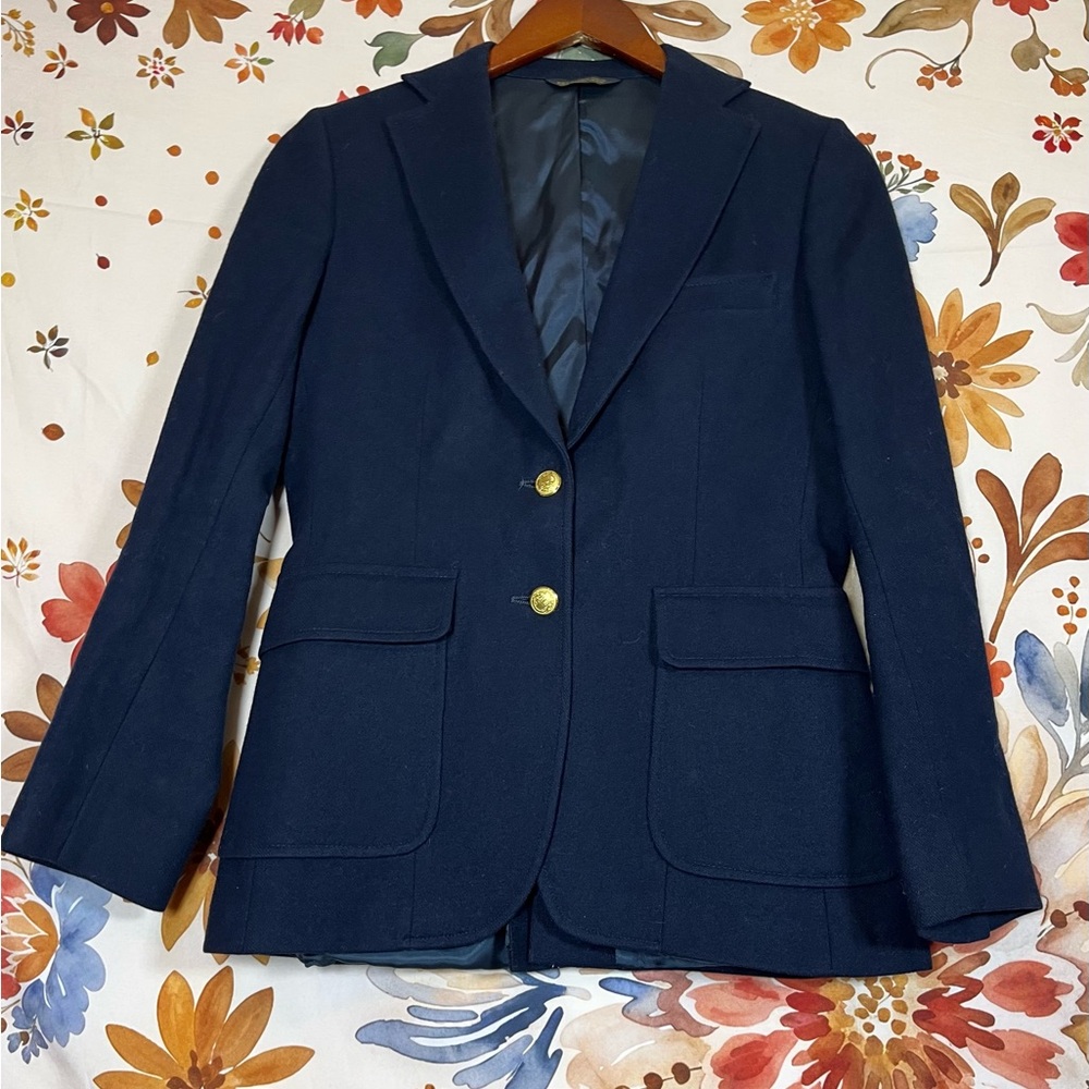 VTG Asher XS Navy Blue Wool Blend Gold Button Blazer Workwear Office Fall Preppy